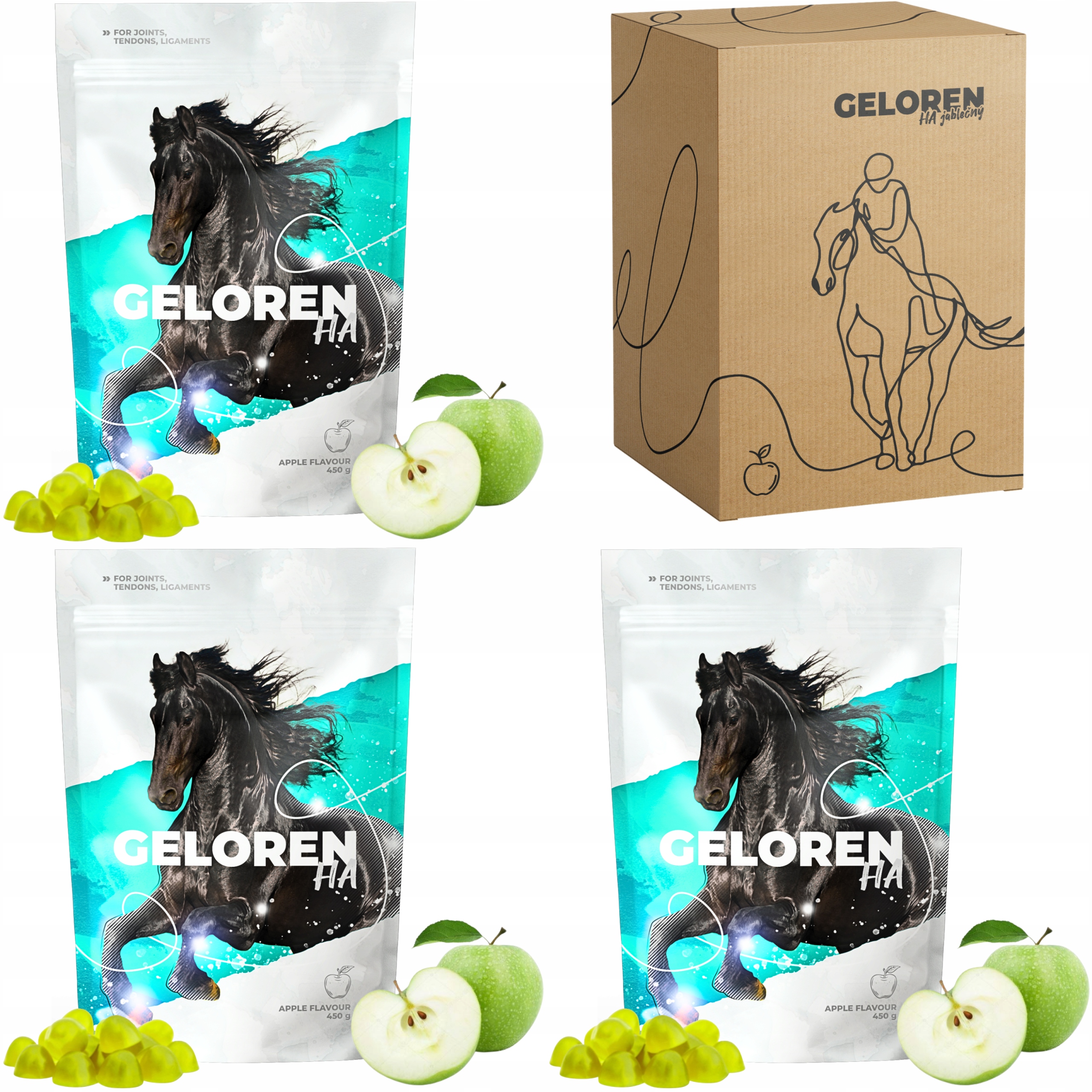 Geloren Horse Ha jabłkowy dla koni żelki kolagen 3 x (60szt, 450g) fj3BP46c