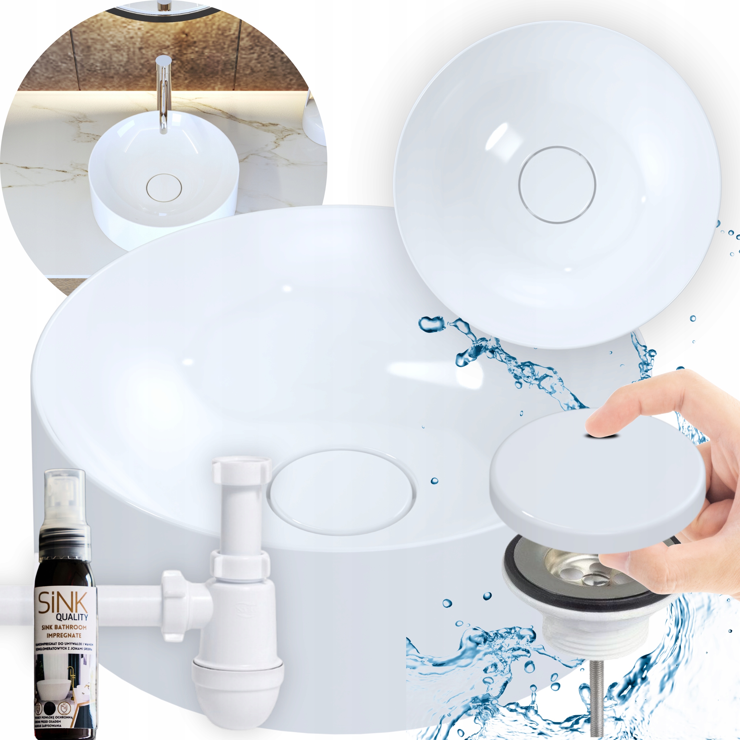 Umývadlo Na Dosku 40 Konglomerat okrúhle Set Sifón Biela maska