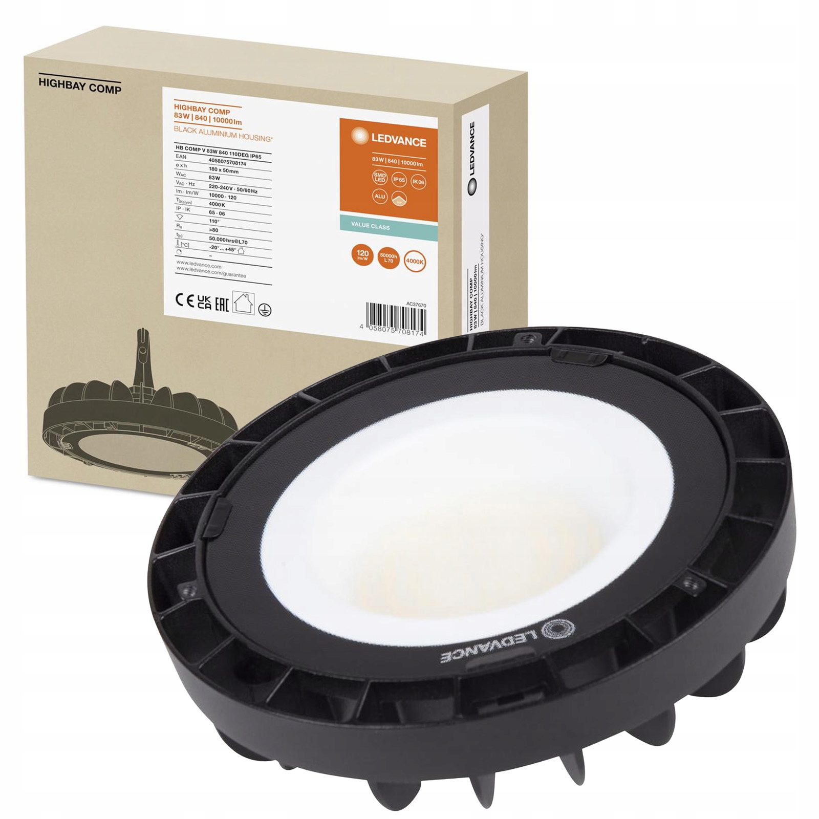 Led lampa Průmyslové svítidlo 83W 10000lm 4000K Černá IP65 IK06 High Bay