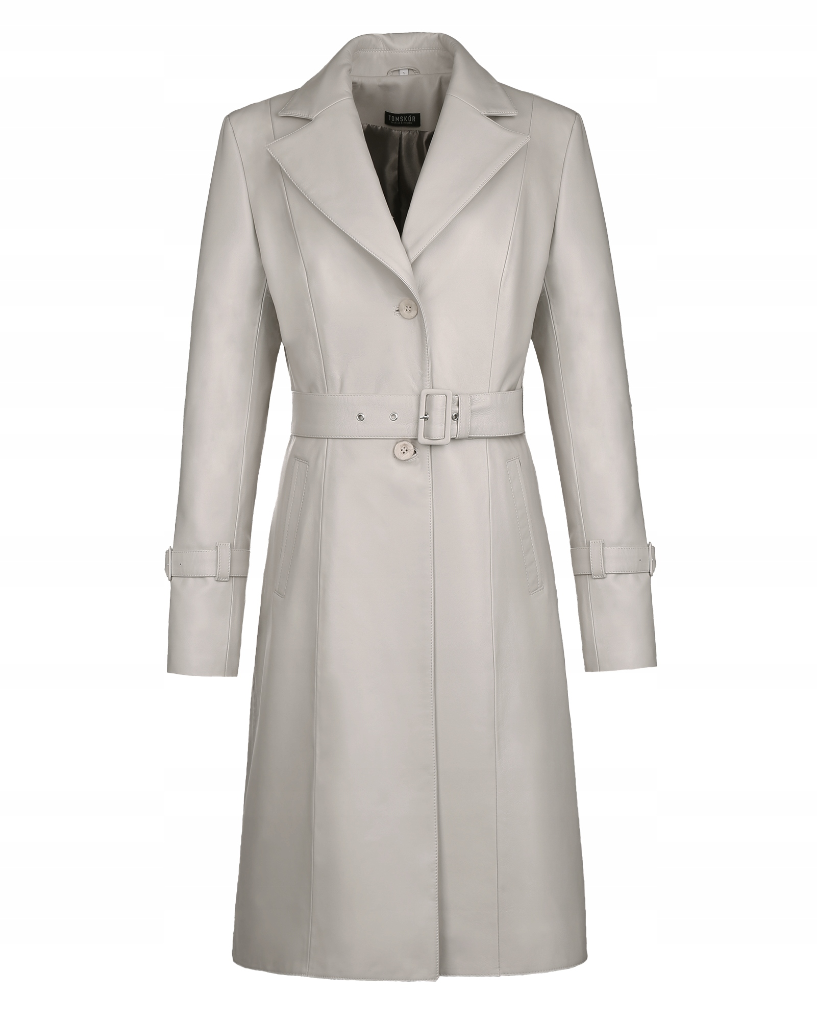 Dlouhý Dámský Kožený Kabát S Páskem Slonová Kost M/38