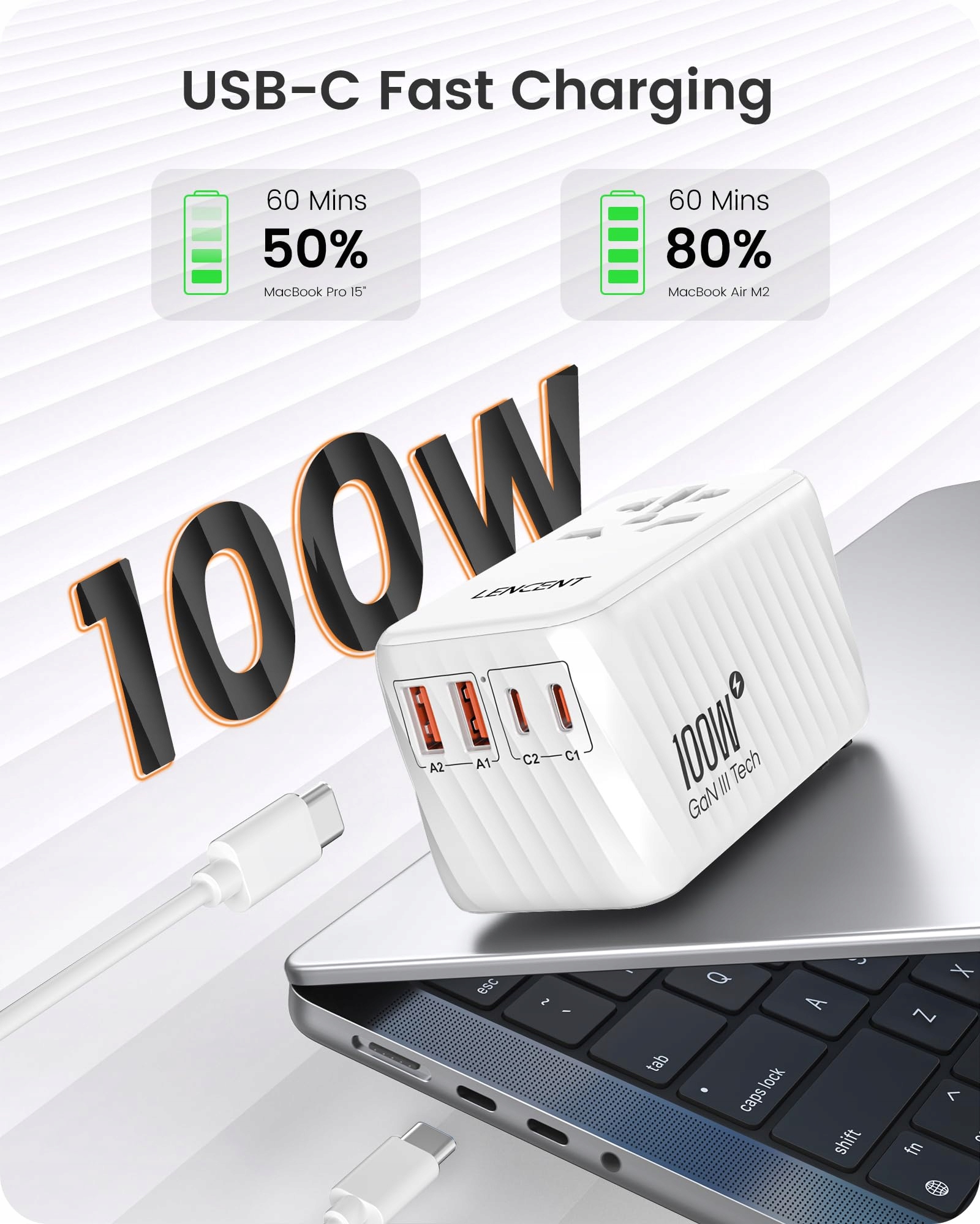 LENCENT Adapter Podróżny 100W GaN3 2x USB C 2x USB A EU USA UK AU — miniatura 2