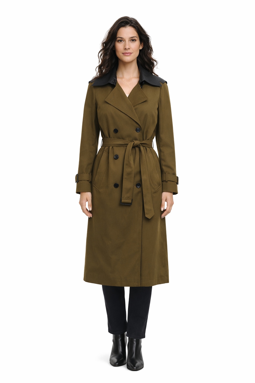 Trenézový Kabát S Páskem A Černým Khaki Límcem 1I4A