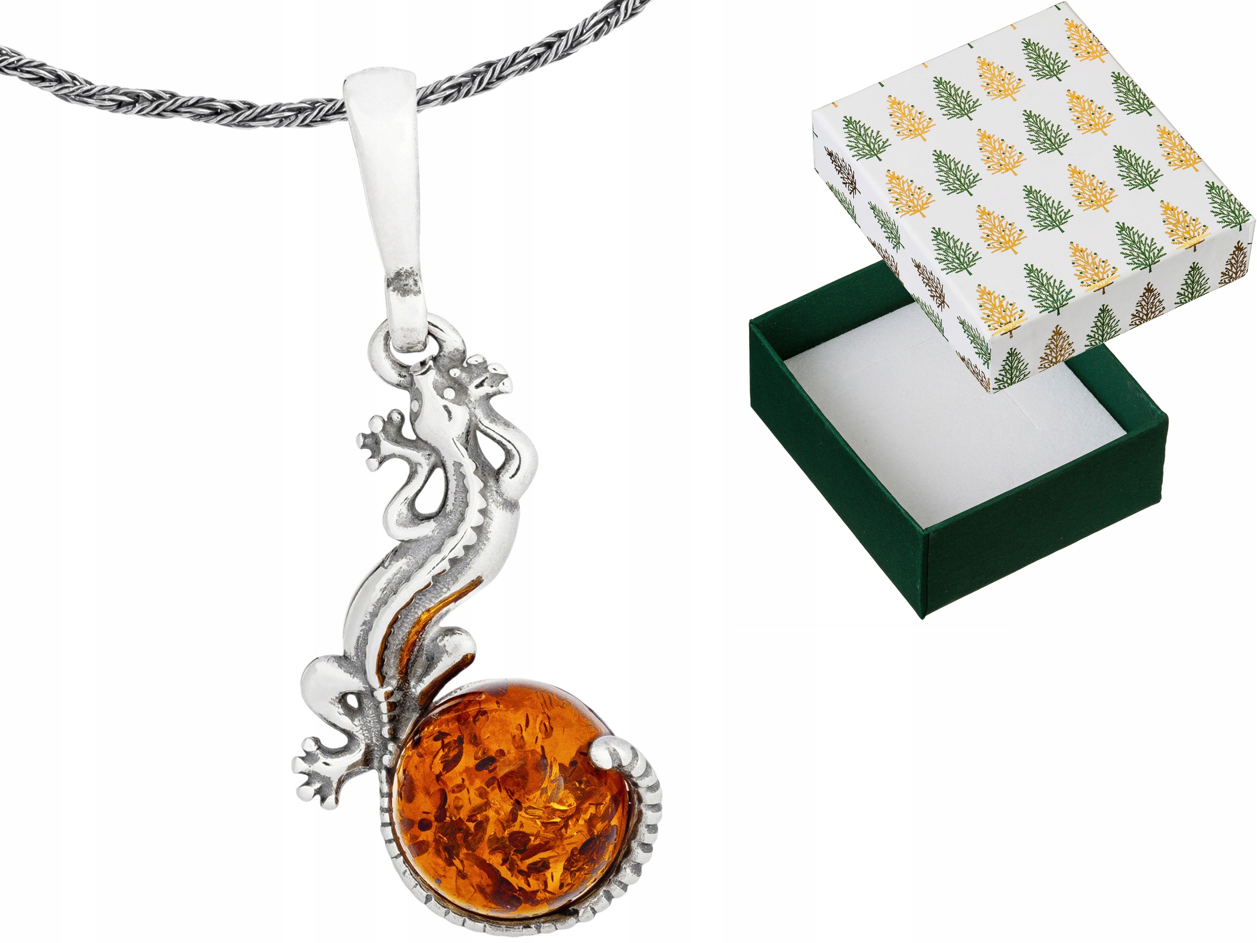 Stříbrný náhrdelník s jantarem Přívěsek Ještěrka Přívěsek Řetízek 55 cm