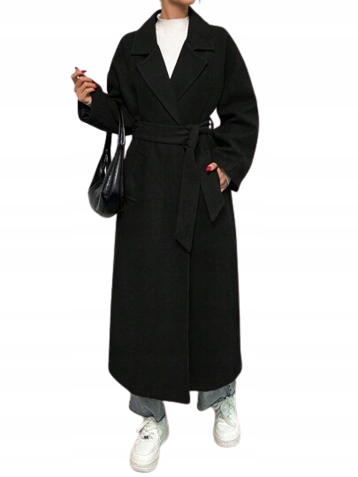 Shein Černý Klasický Kabát S Páskem A Klasickým Límcem M 1_B
