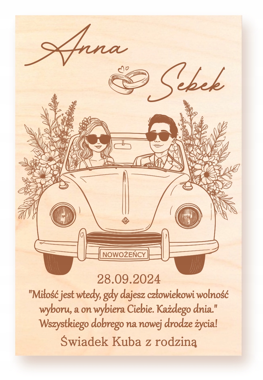 DREWNIANA TABLICZKA PAMIĄTKA KARTKA ŚLUBNA PREZENT DLA PARY MŁODEJ GRAWER Marka inny