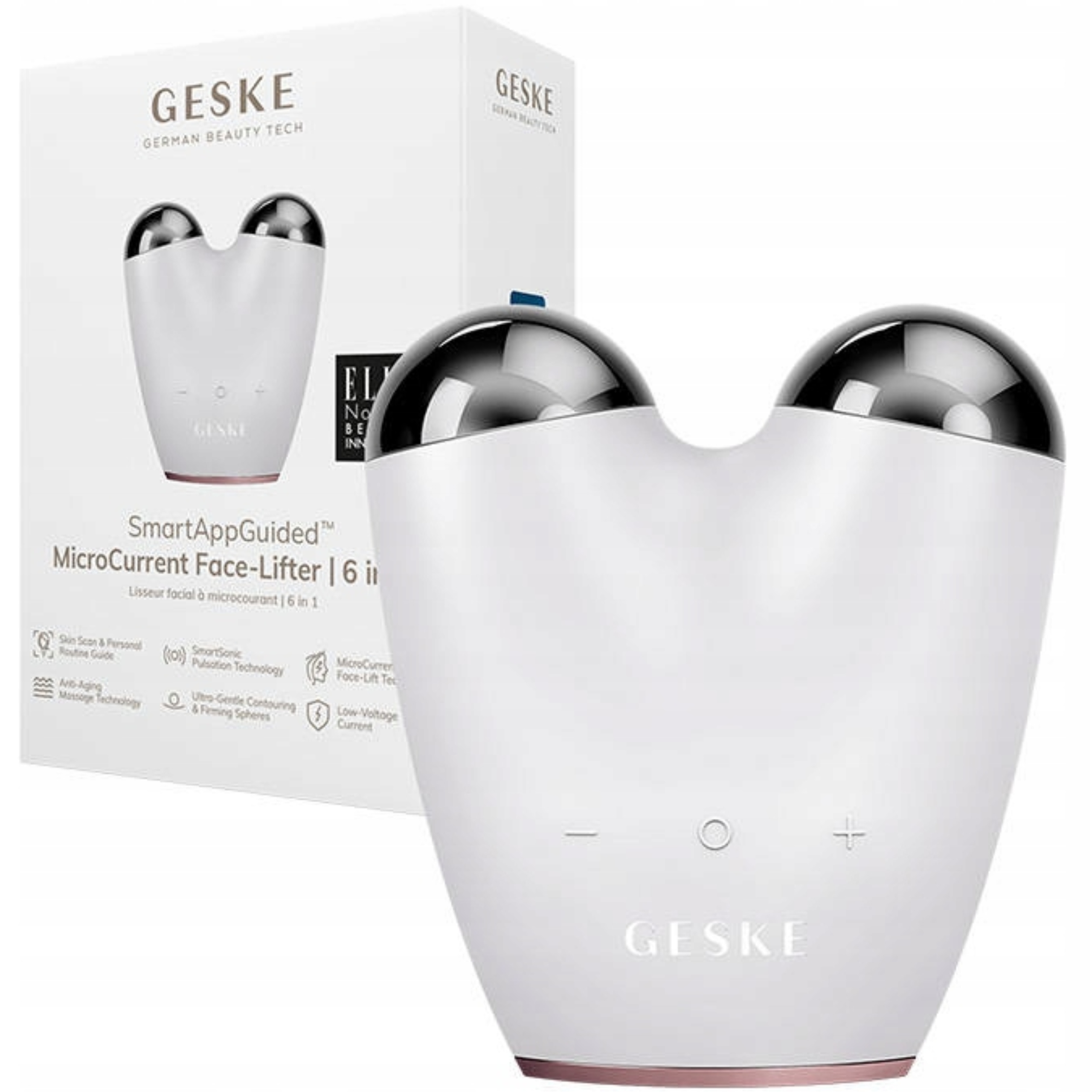 Masażer mikroprądowy lifting twarzy wodoodporny 6w1 z aplikacją Geske