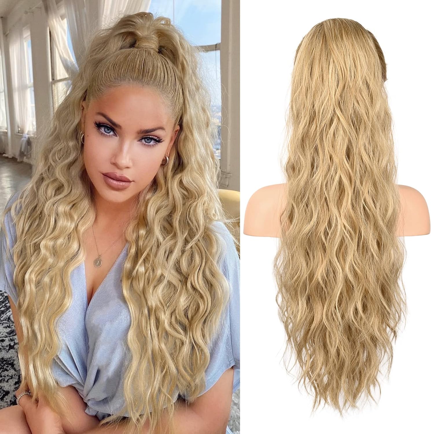 Prodlužovací Poník Příčesek Připínací Blond Kudrnatá Kitka 60 CM Na Gumičce