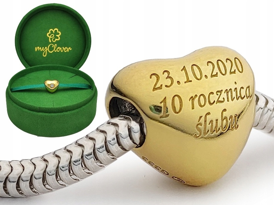 

złote serduszko 333 charms myClover +grawerowanie