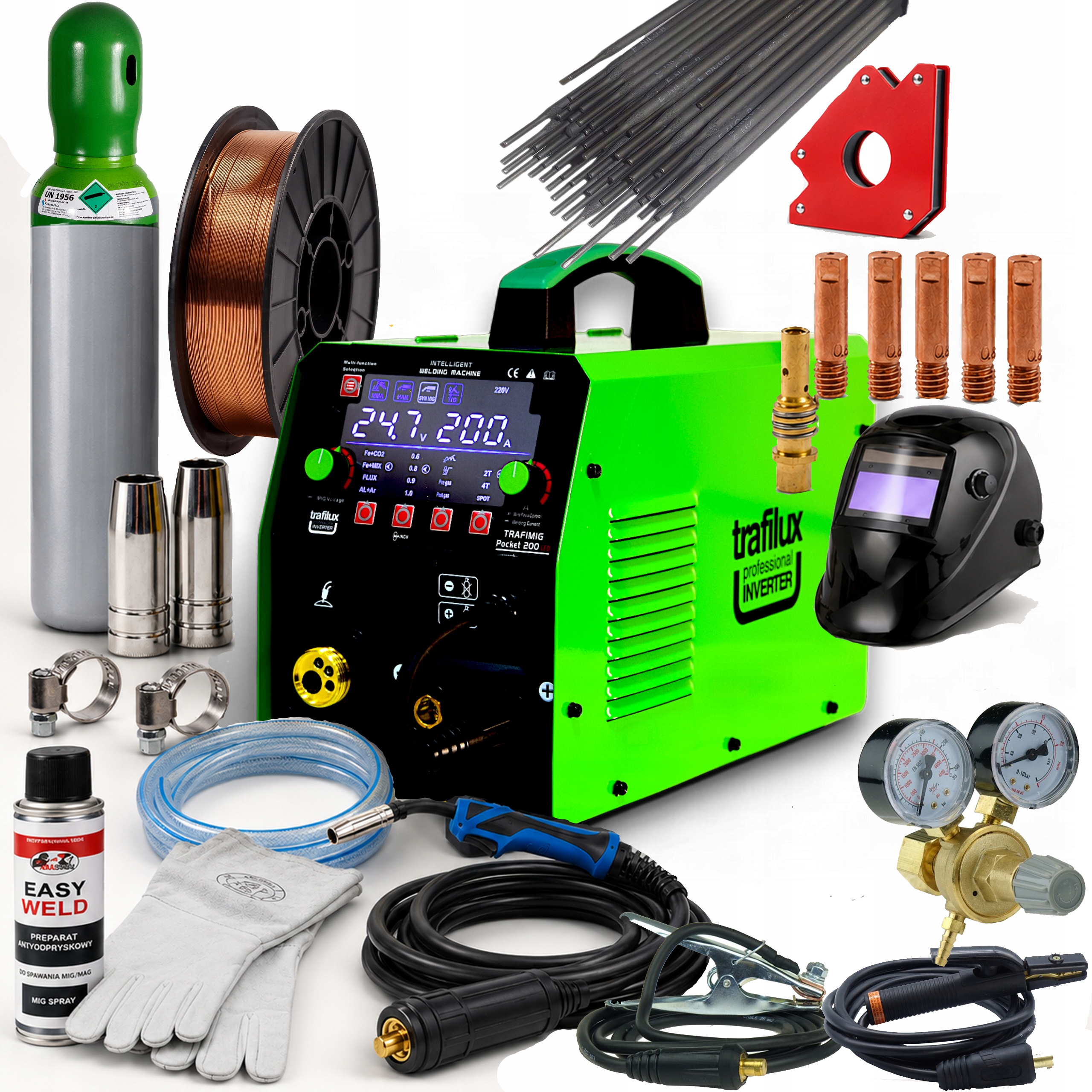 Svařovací stroj Trafimig Pocket 200 Synergie Mig/mag Mma Tig Lift Flux Set 1