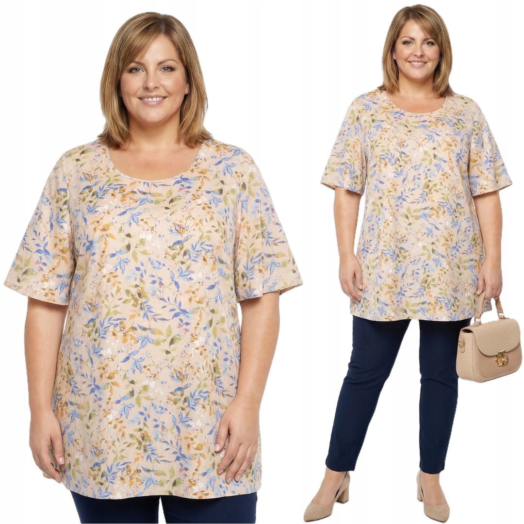 Světle žlutá tunika s pastelovým vzorem listů plus size velikost 60