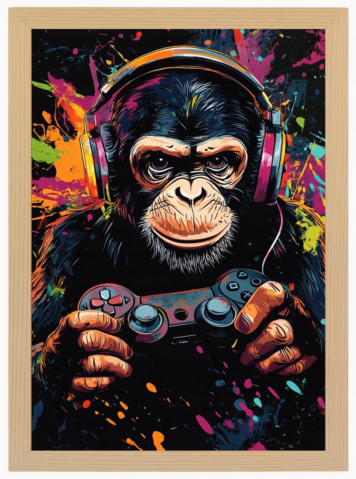 Plakát Rámeček Dřevo Gaming Hra Gamer Pad Opice Šimpanz Graffiti 60x80