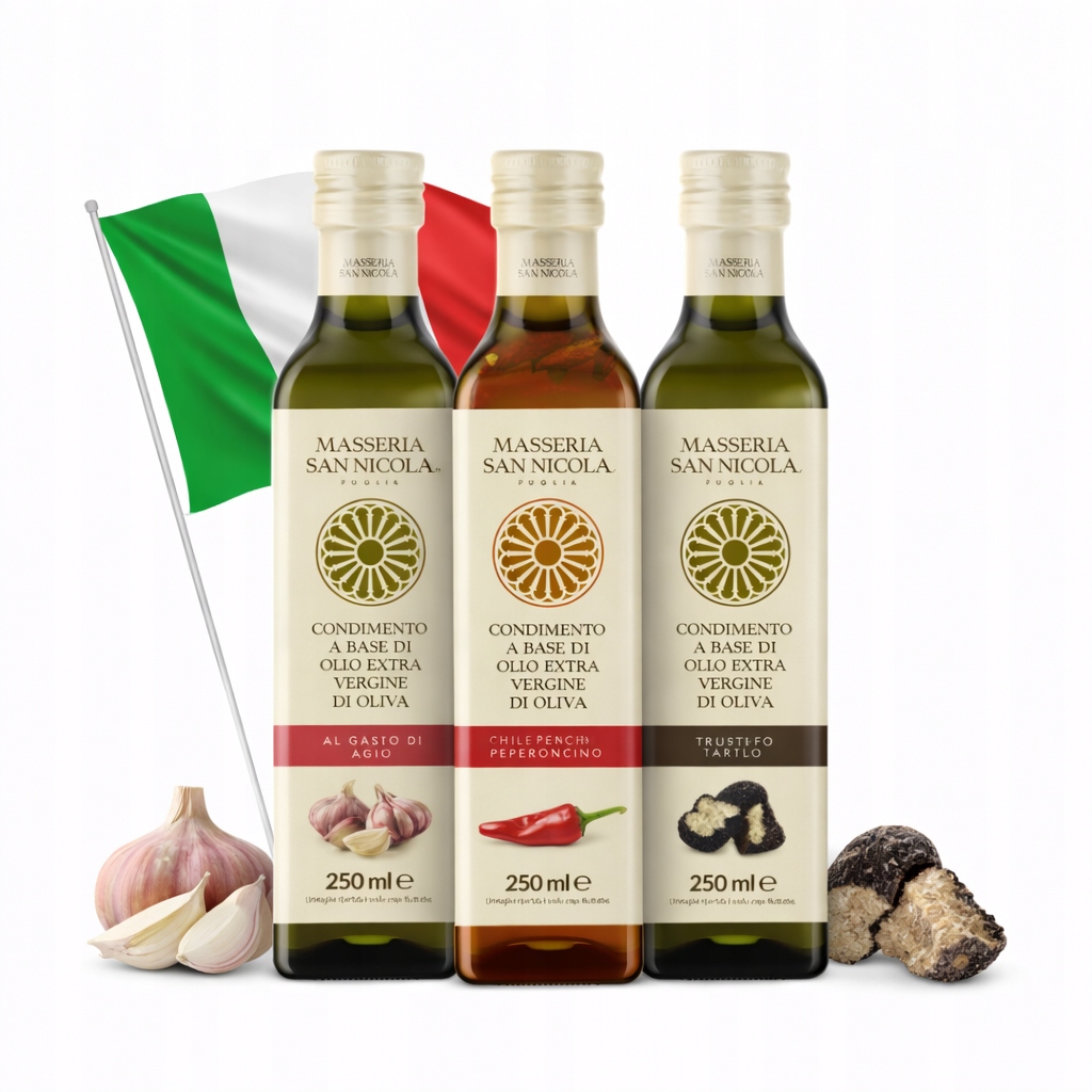 Levně Italský set extra panenského olivového oleje s česnekovým lanýžem, pikantní