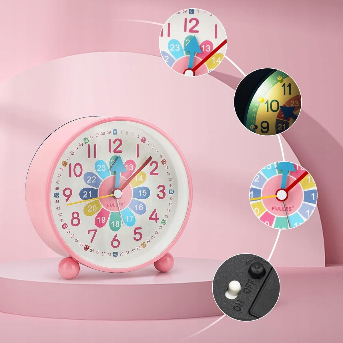 ZEGAR BUDZIK STOJĄCY CICHY DLA DZIECI Z LAMPKĄ NOCNĄ Kolor odcienie różowego