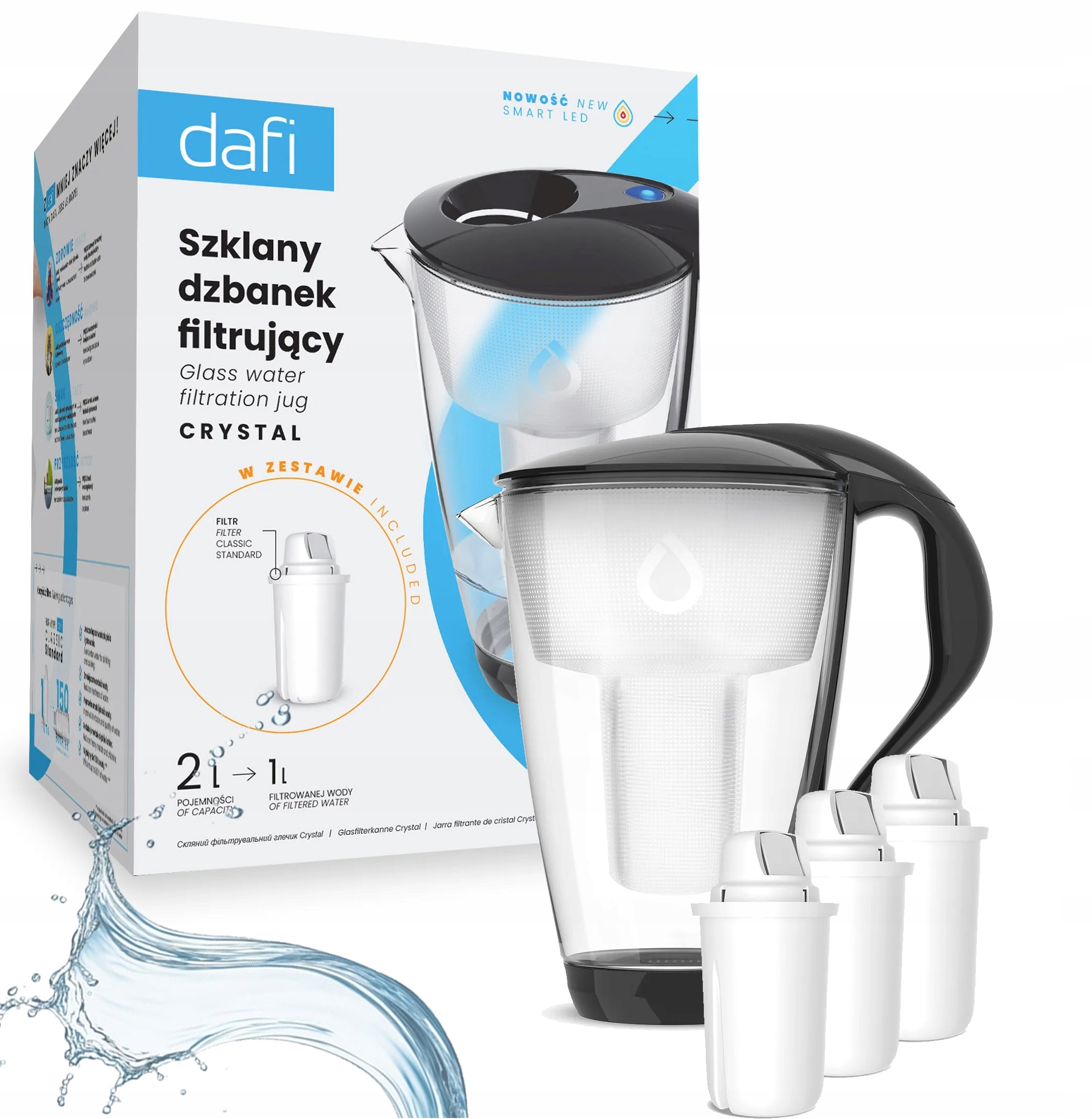 Skleněná konvice Dafi Crystal Led 2L černá 3 filtry Dafi Classic