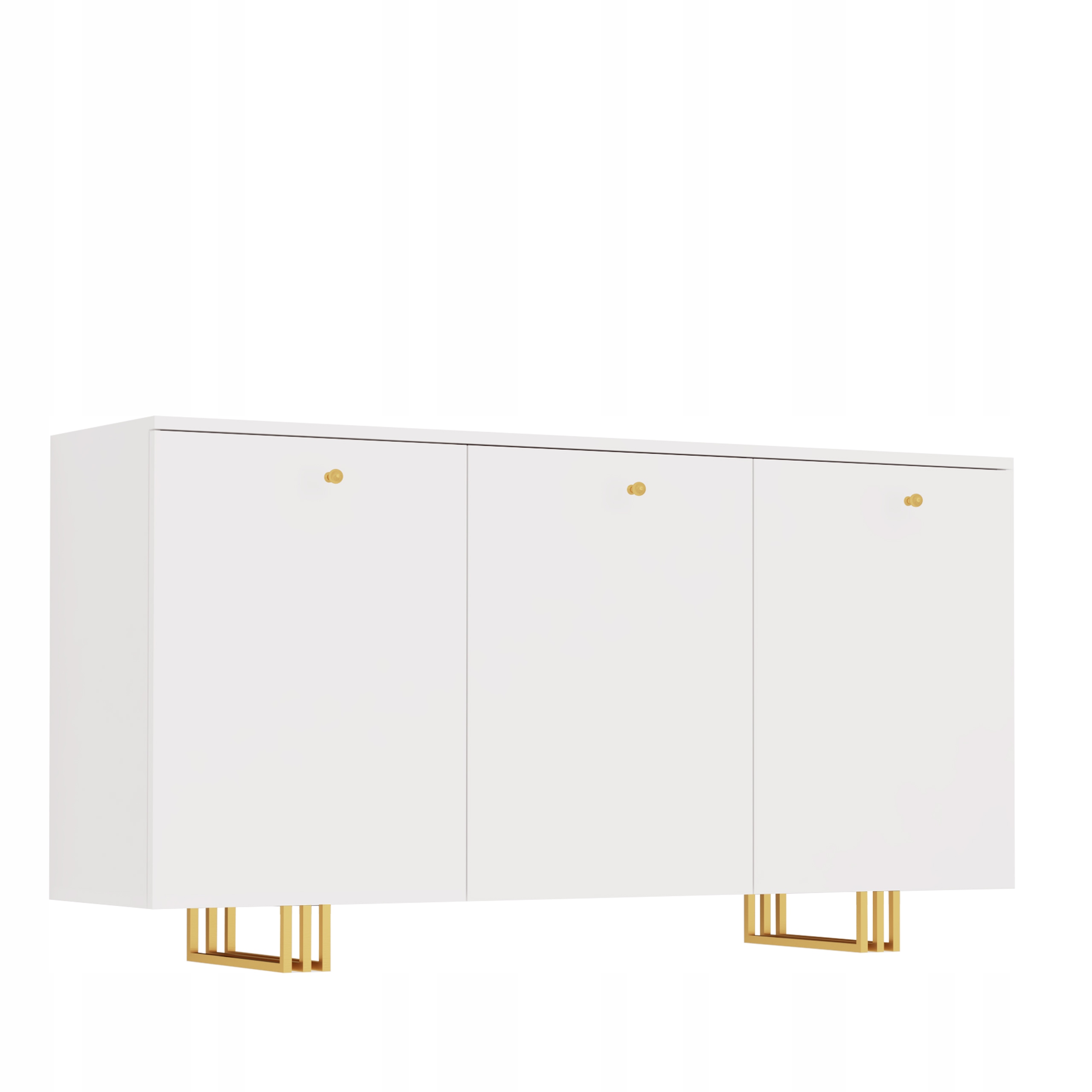 NOWOCZESNA ELEGANCKA POJEMNA KOMODA 150 CM Z SZAFKAMI BIAŁA ZŁOTE NOGI