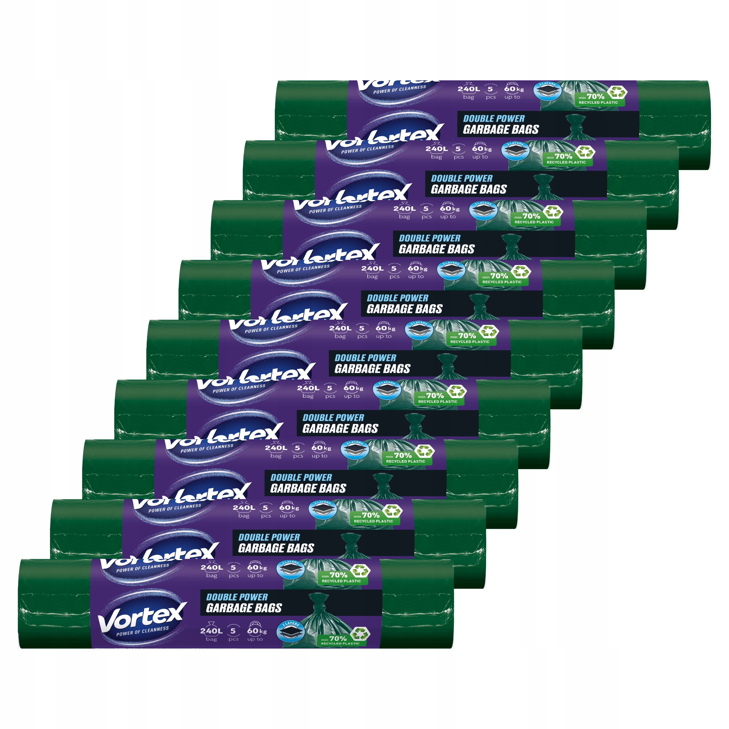 Levně Pytle Na Odpadky Silné 240L Dvouvrstvé Odolné Zelené Vortex 9x5 kusů