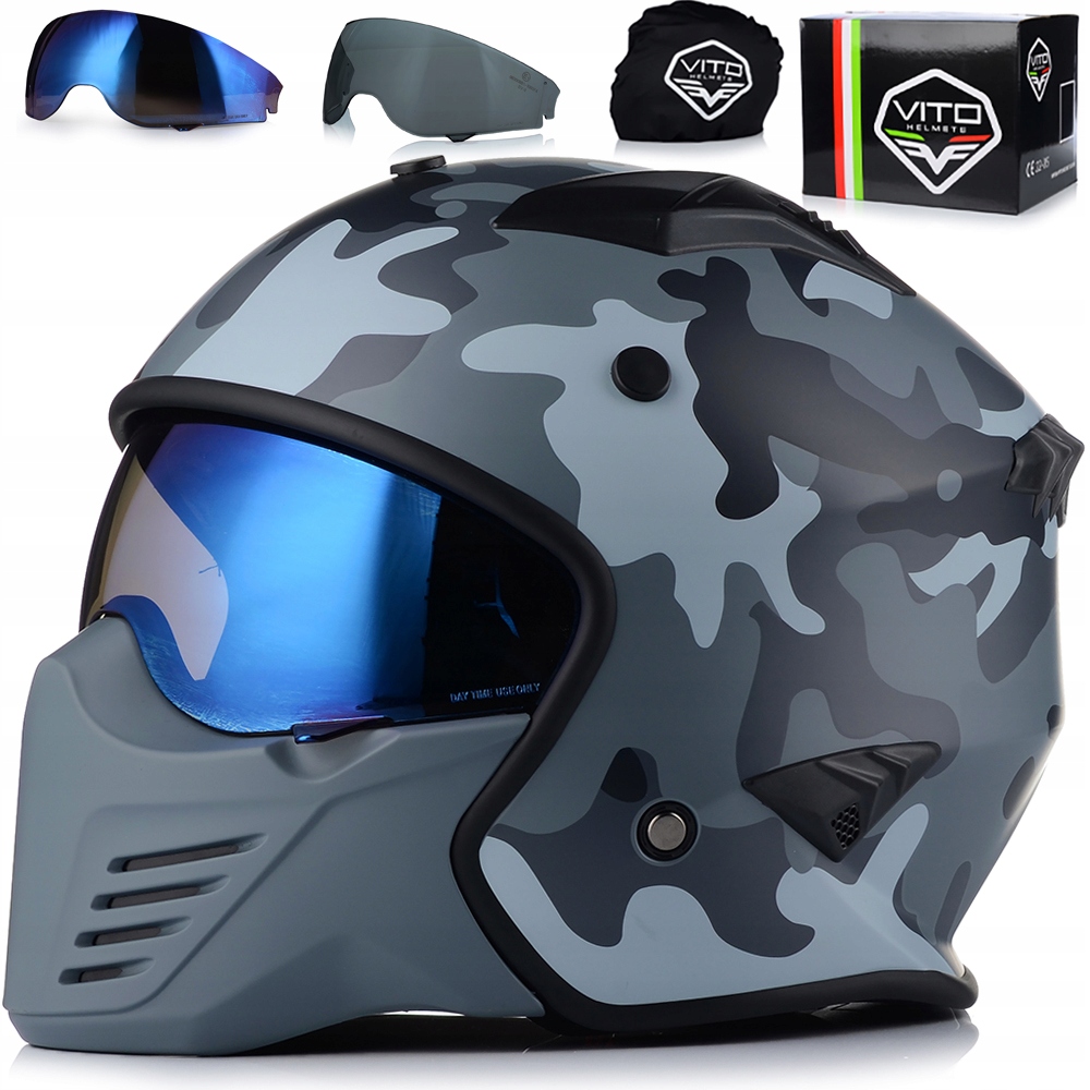 Motocyklová Prilba Otvorená Vito Bruzano Camo Odnímateľná Čepeľ 2x Sklo