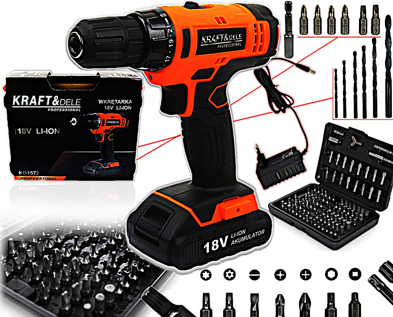 

Wiertarko Wkrętarka Led Li-lon 18V+BITY 100 Pcs