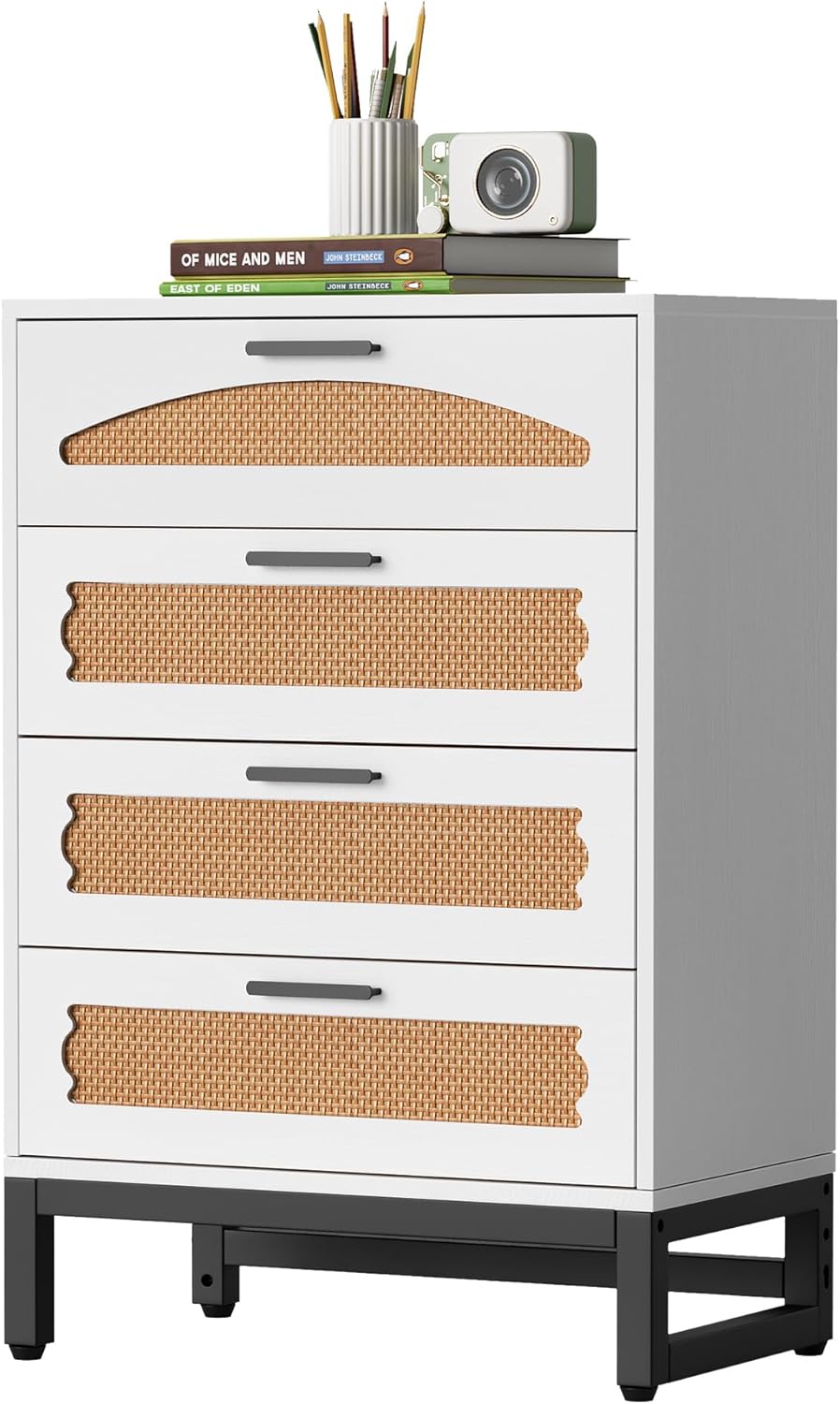 Biała Komoda Rattanowa z 4 Szufladami Organizer do Sypialni 65x34x85 cm