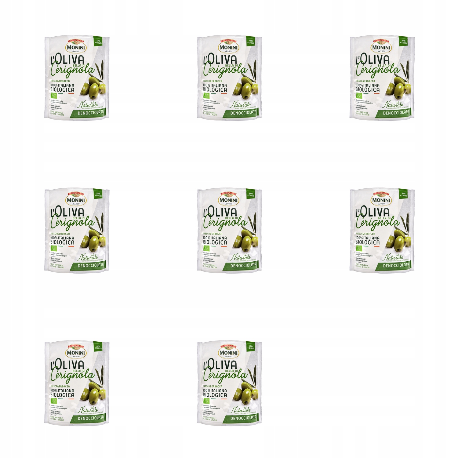 Levně 8 x 150 g Monini zelené olivy Bio Bella di Cerignola Karton