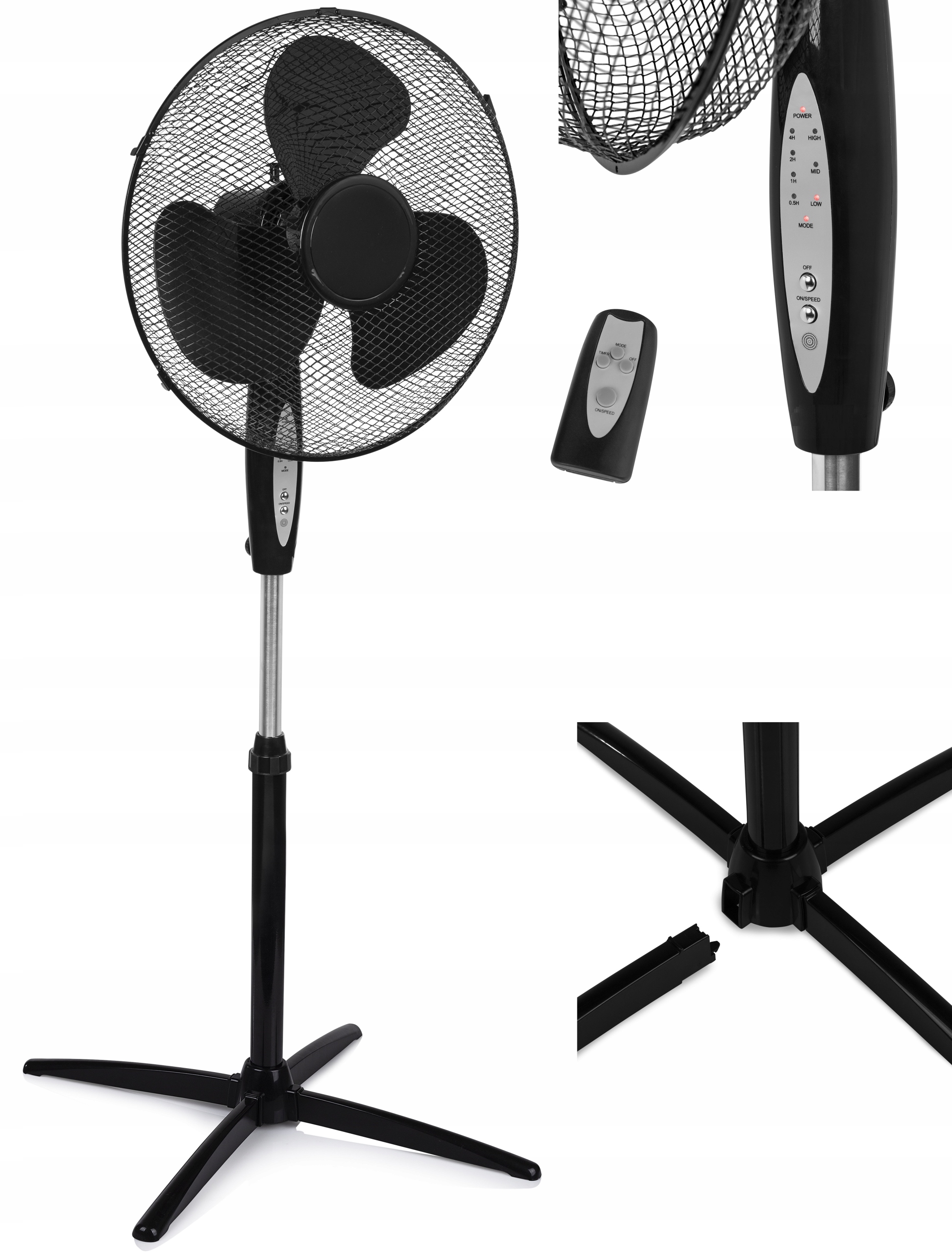 Tichý Výkonný Stojící Ventilátor Větrák Černý výkonný oscilační dálkový ovladač časovač