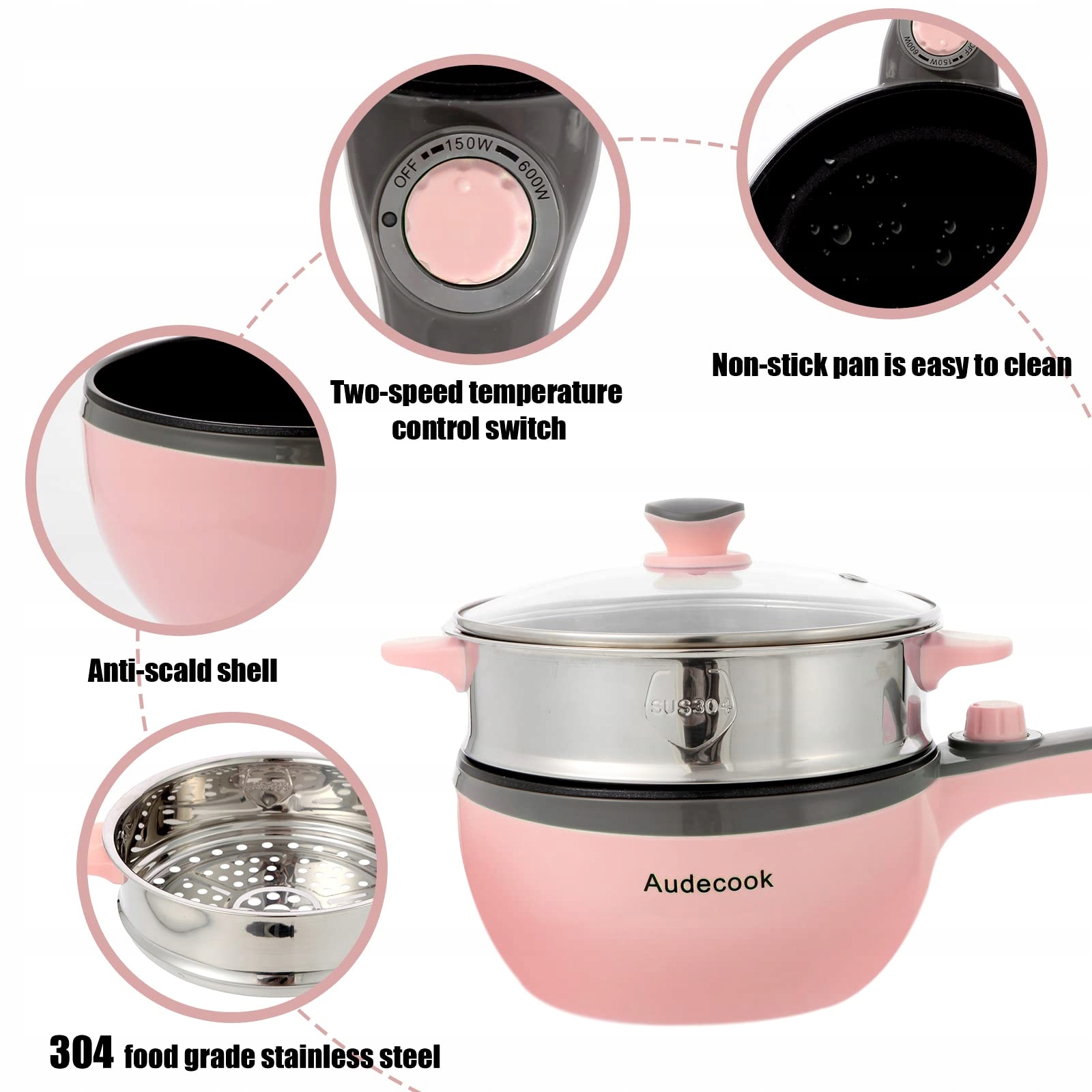 AUDECOOK Elektryczny Garnek 1,5L z Parowarem Antyadhezyjny Multicooker — miniatura 3
