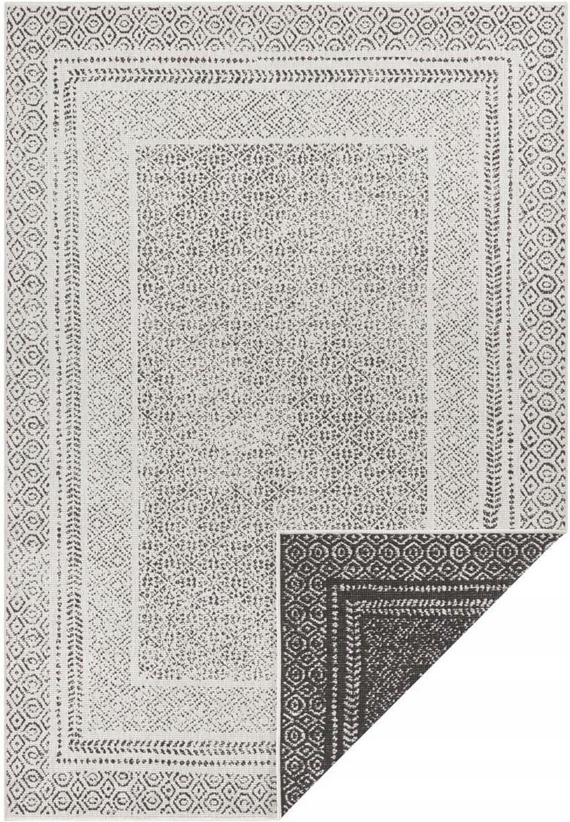 Koberec na terasu 120x170, čierno-krémový, obojstranný, plocho tkaný, šnúrkový