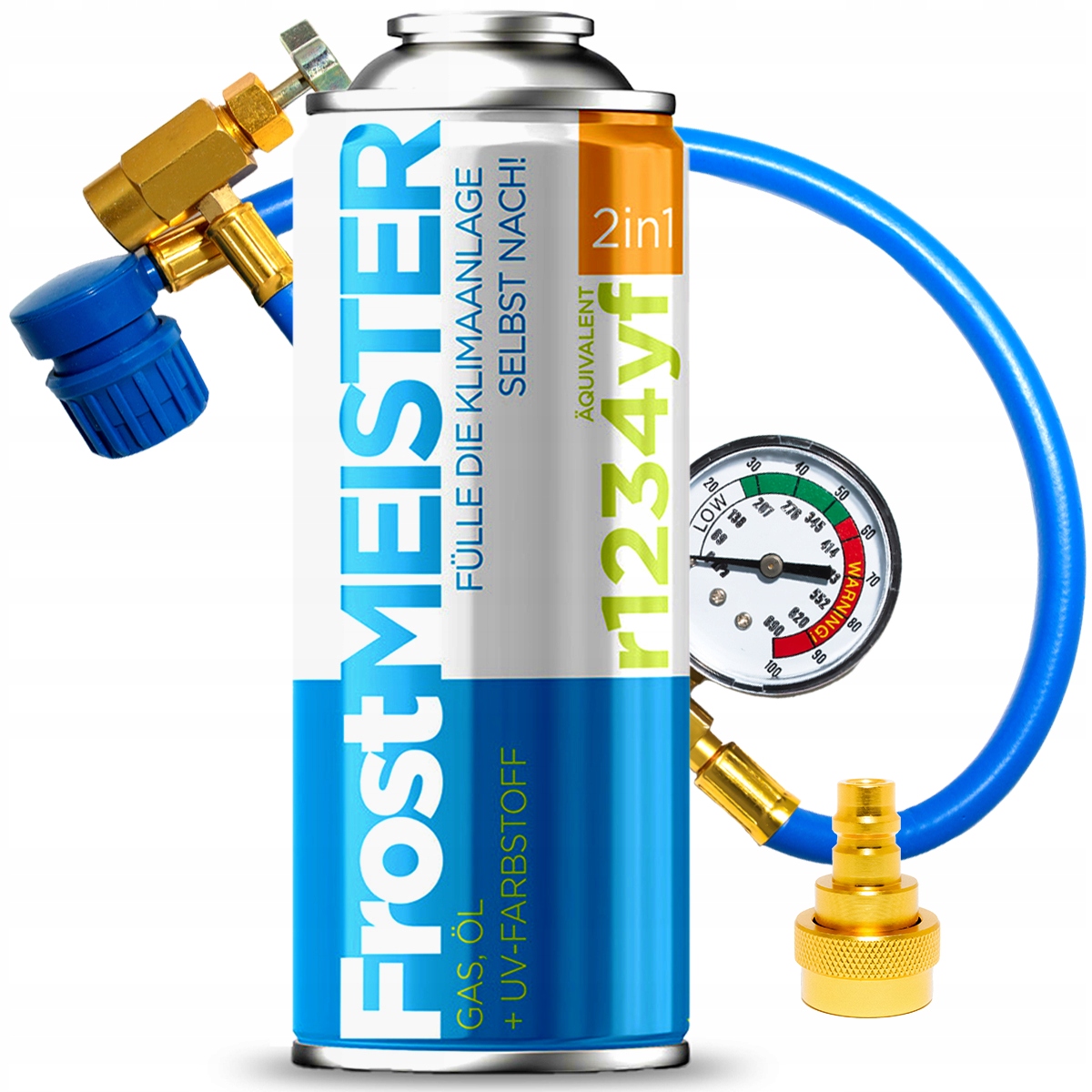 Frostmeister 2v1 400 ml plyn pro klimatizaci R1234yf hadice Chladicího Média