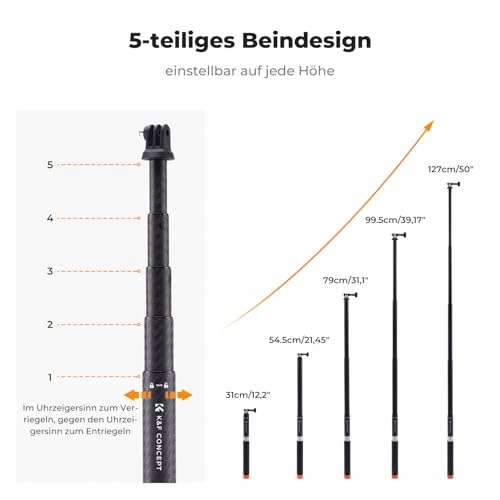 K&F CONCEPT Węglowy Selfie Stick Niewidzialny Monopod Do Kamer Hero DJI — miniatura 3