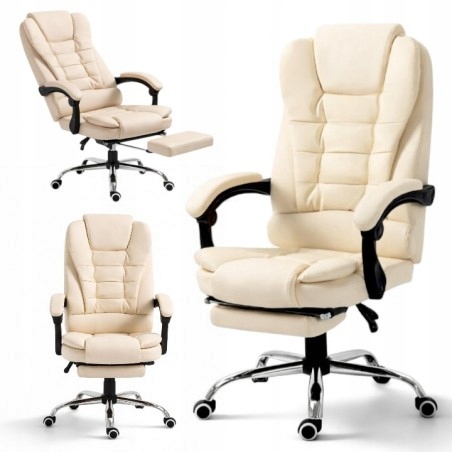 FOTEL BIUROWY OBROTOWY BOSS Z PODNÓŻKIEM KREMOWA SKÓRA