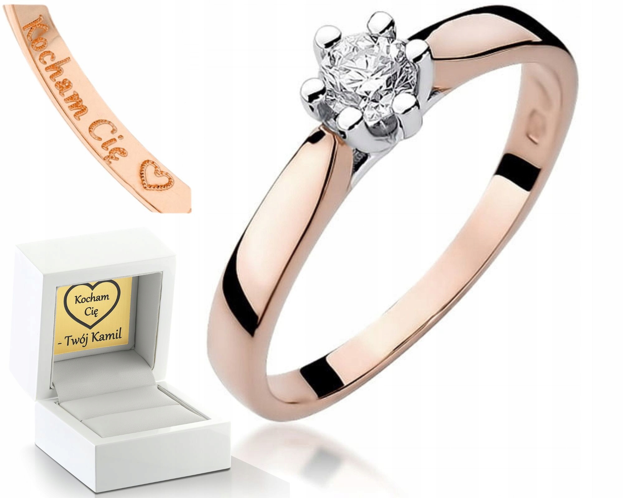 Růžové Zlato Prstýnek Pro Zásnuby Diamant Gravírování Bonus 585 Dárek