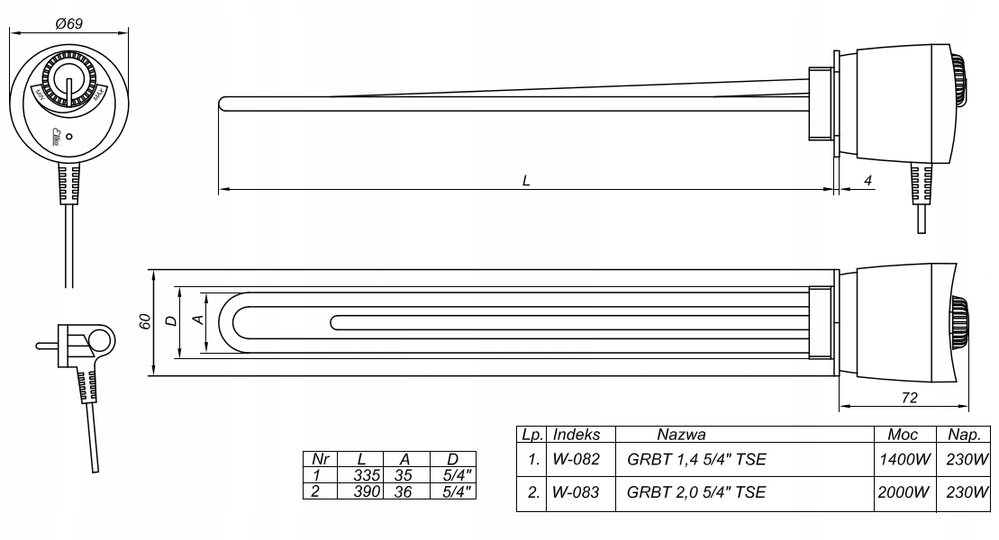 Grzałka bojlera bufora 5/4'' 2,0 kW z termostatem EAN (GTIN) 5907376000830