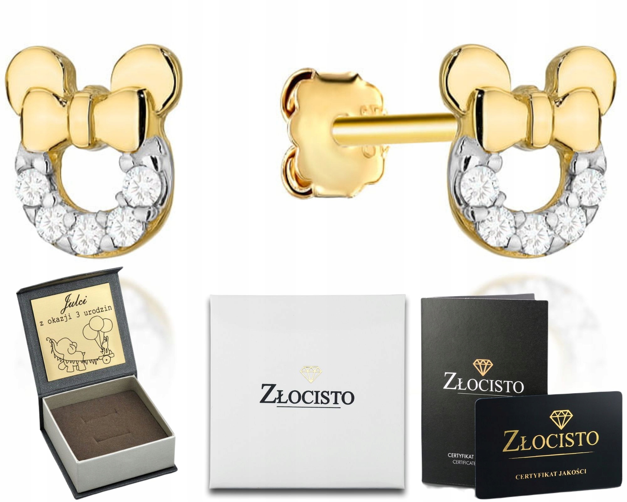 Zlaté Náušnice Myšky Zirkony Tyčinky 585 Jako Dárek Pro Dítě Gravírování