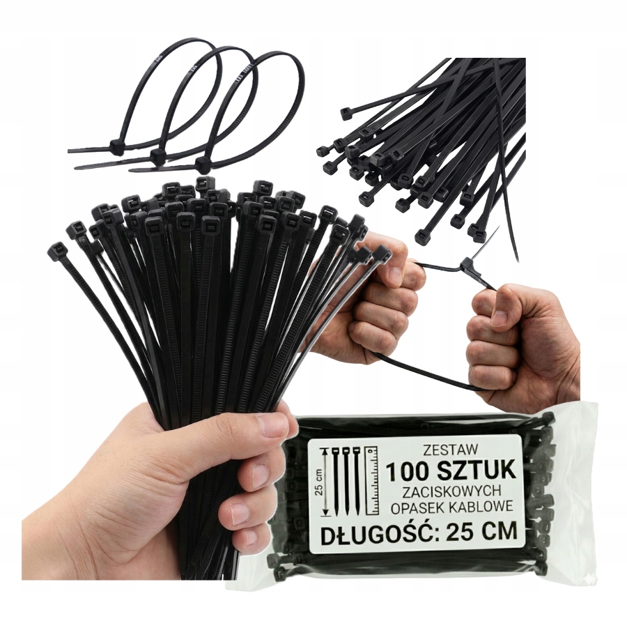 Mocna Opaska Zaciskowa Kablowe Trytytki 4,8mm 25cm zestaw czarny 100szt