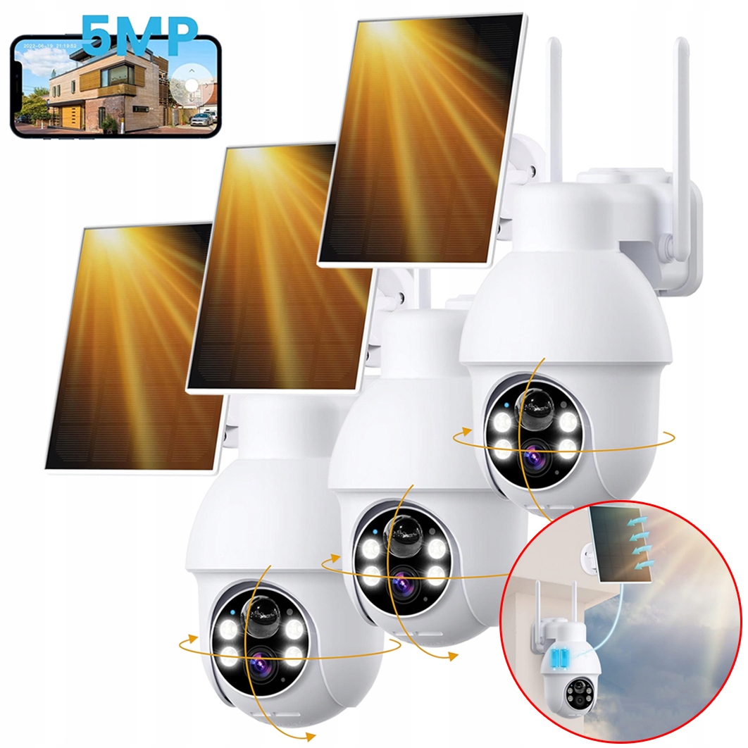 Kamera Solarna Zewnętrzna 5MPX Obrotowa Ip Wifi 4X Zoom Alarm 5000MAH 3SZT