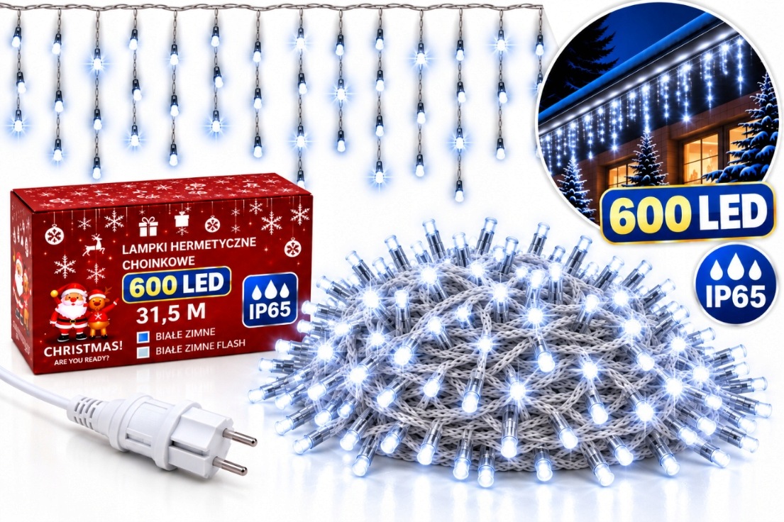 Vánoční Osvětlení Rampouchy 600 Led 31,5 M Studená Bílá Venkovní Flash