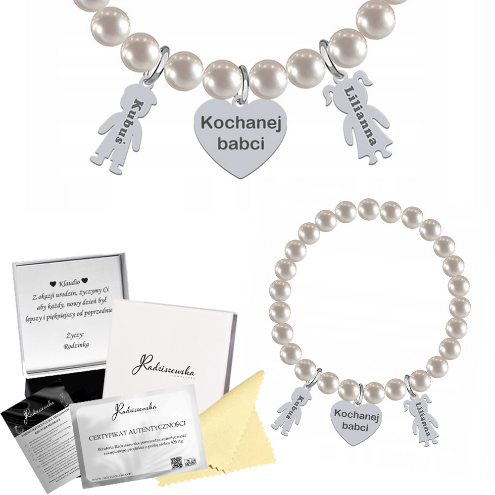 Stříbrný náramek pro maminku Jméno dítěte Perly Gravírování Přání Bonus