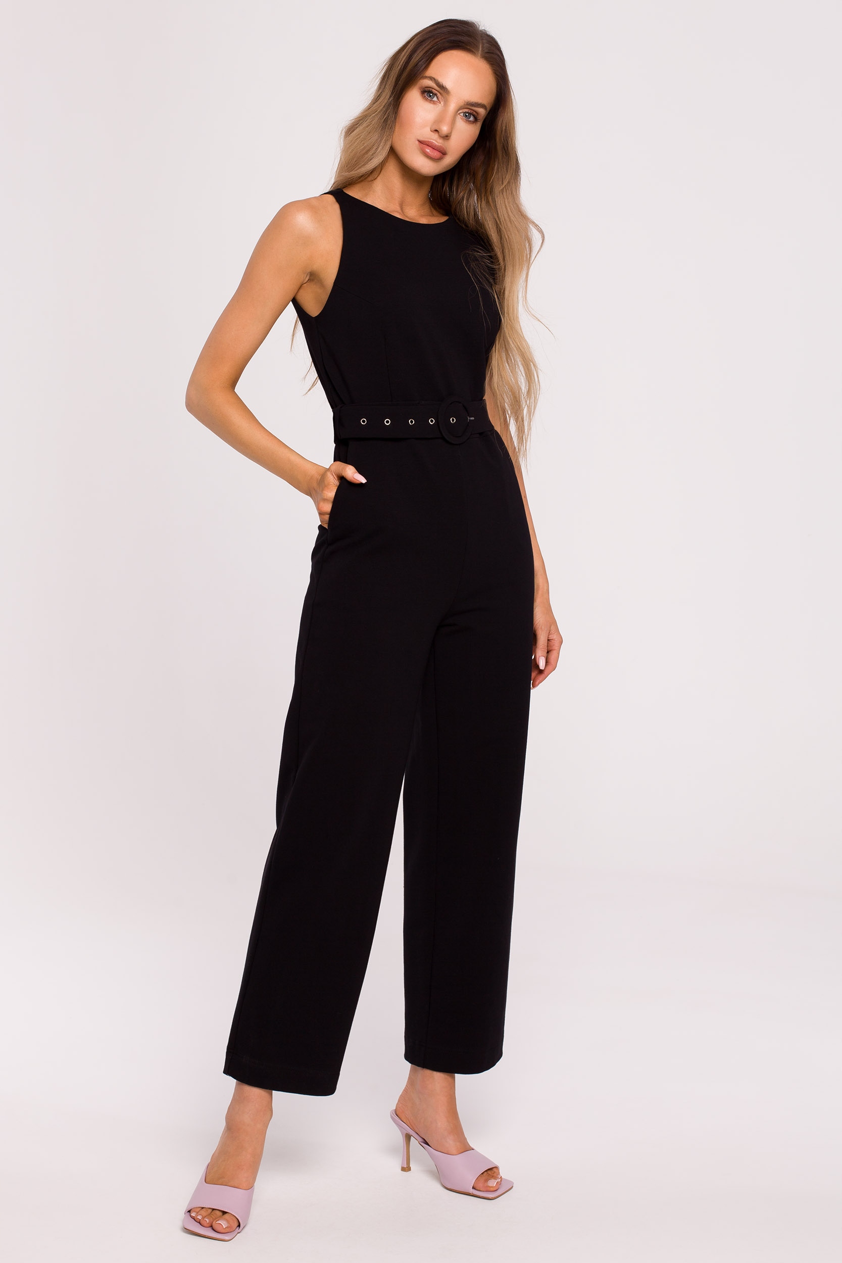 KOBIECY ELEGANCKI DAMSKI KOMBINEZON BEZ RĘKAWÓW Z PASKIEM CZARNY 36 S Marka MOE