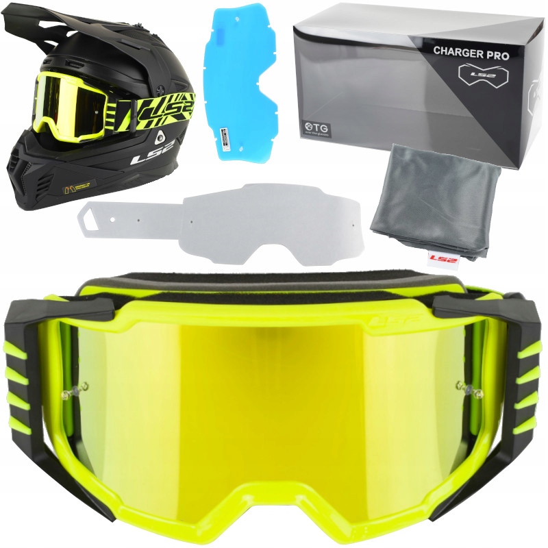 Gogle Cross Enduro LS2 Charger Pro Żółte Lustrzane 2 x Szyba, Zrywki