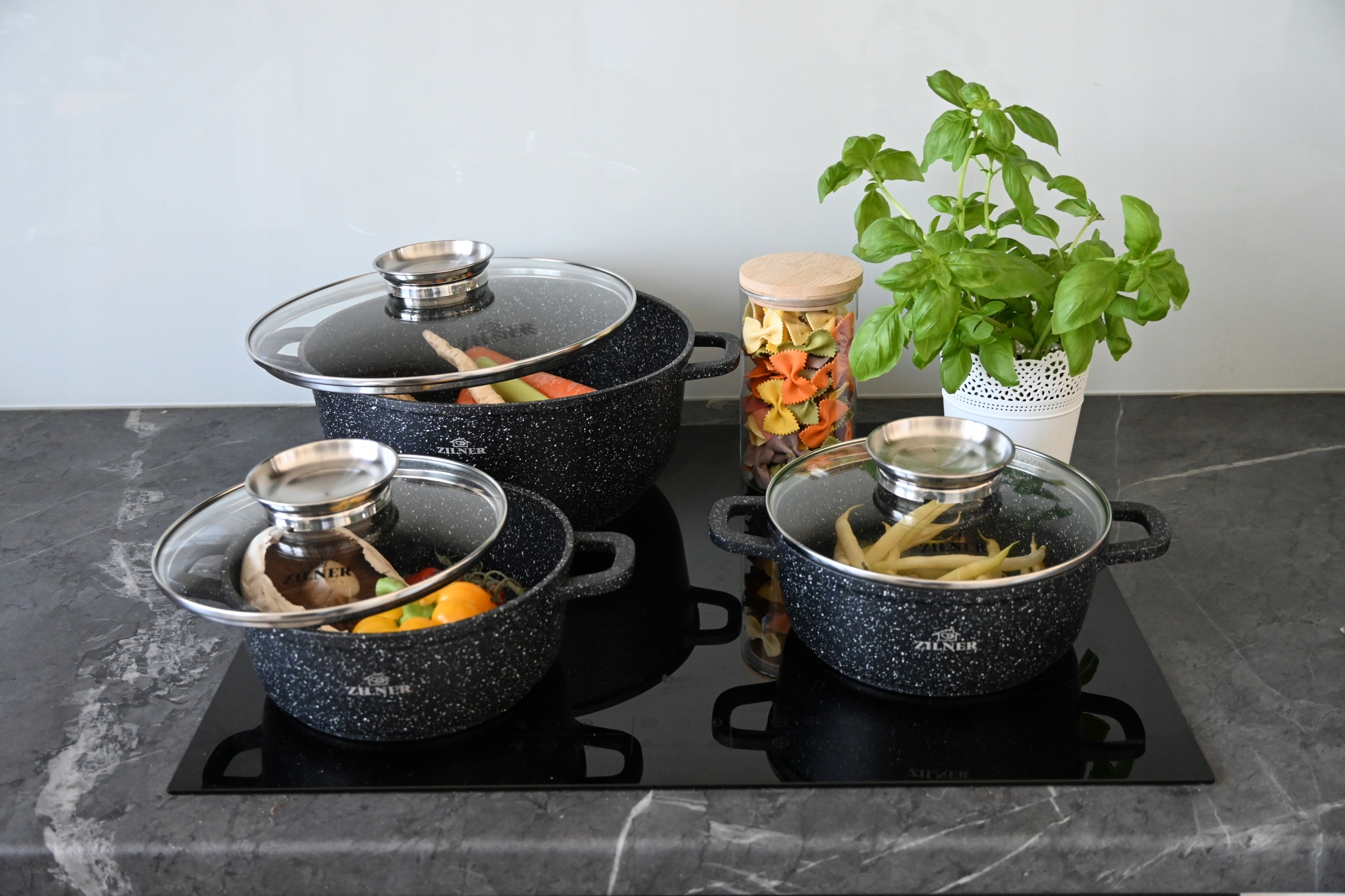 Zestaw garnków GARNKI CZARNE kamienne GRANIOWE 6 garnków z pokrywkami Typ powłoki marmurowa