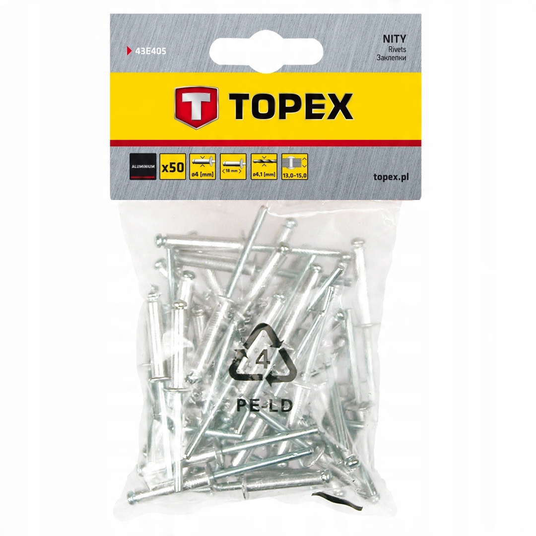 

Nity aluminiowe 4.0 x 18 mm, 50 szt. Topex 43E405