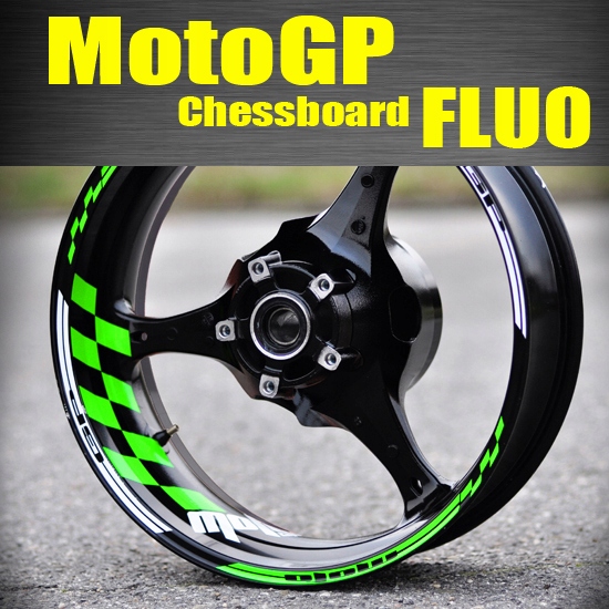MotoGP Chessboard Fluo Samolepky, pásky na kola, okraje pro Kawasaki