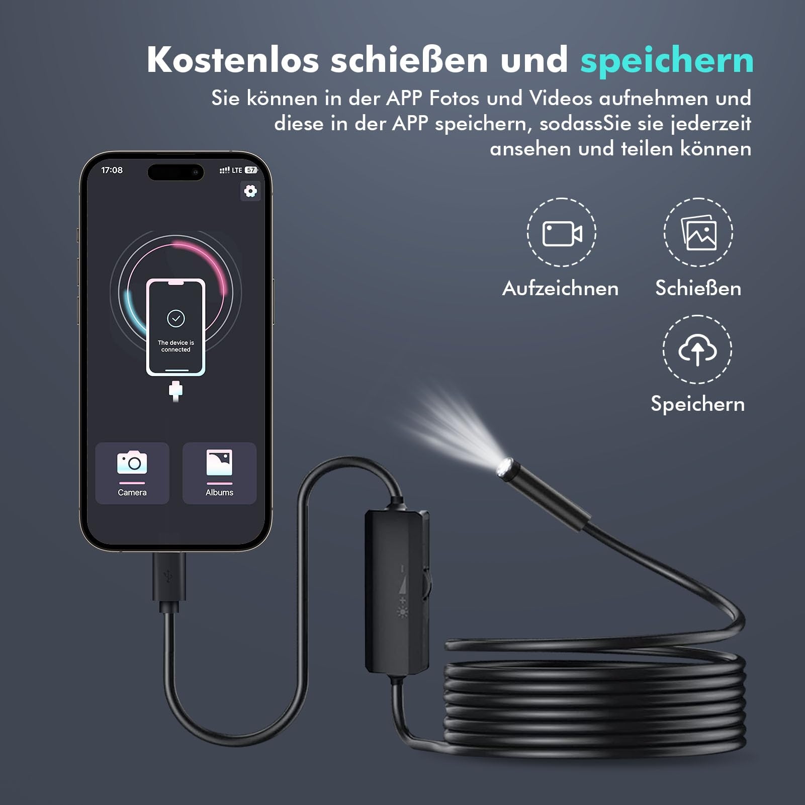 LOVCOYO Kamera Inspekcyjna Endoskop Typ-C 8 LED Android iOS 5m — miniatura 8