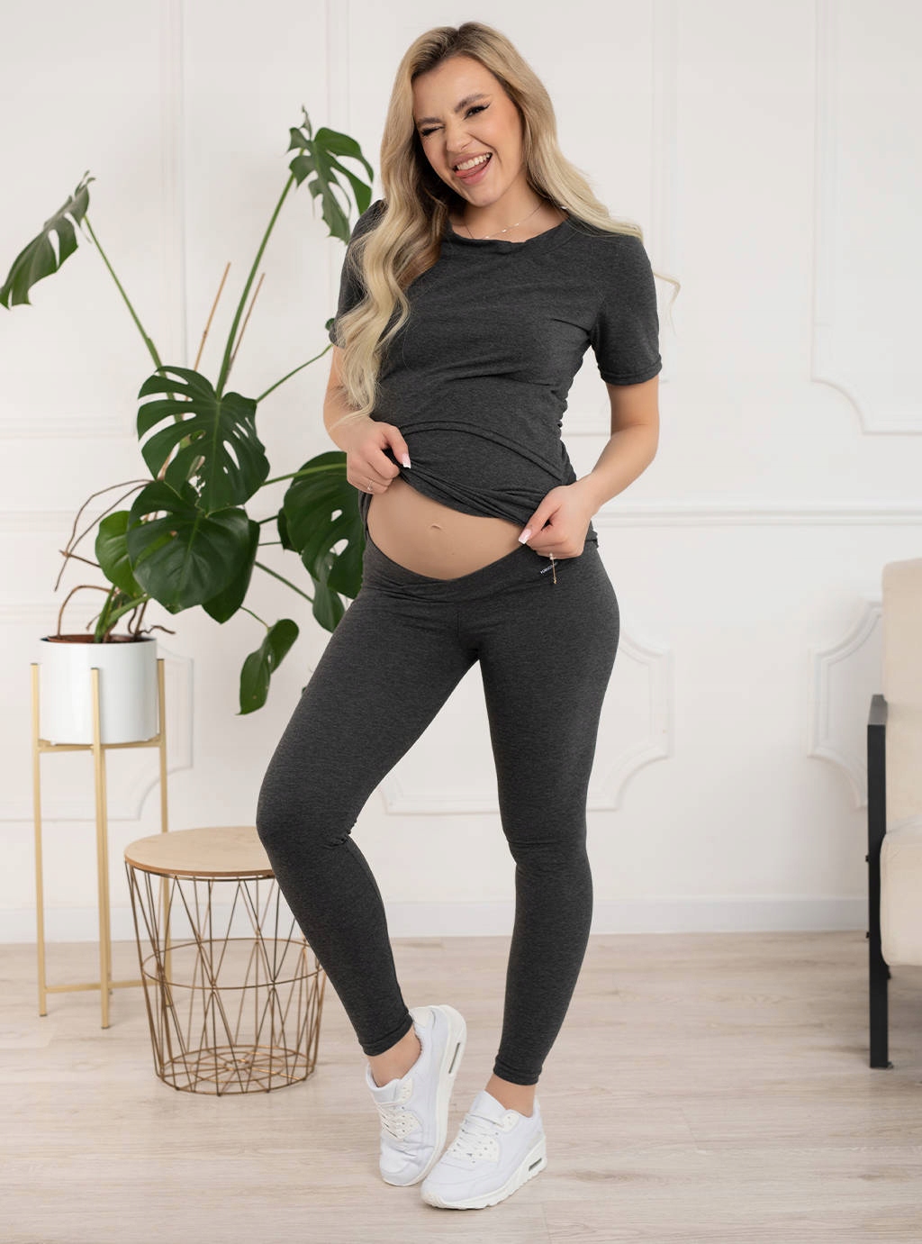 LEGGINSY CIĄŻOWE GETRY SPODNIE LEGINSY NISKI PANEL POPIELATE M Długość nogawki długa