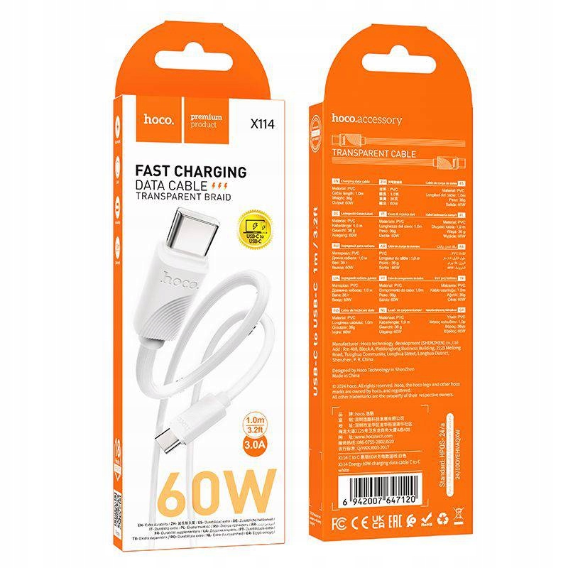 Hoco Kabel Typ C Do Typ C 3A 60W X114 1 M Biały