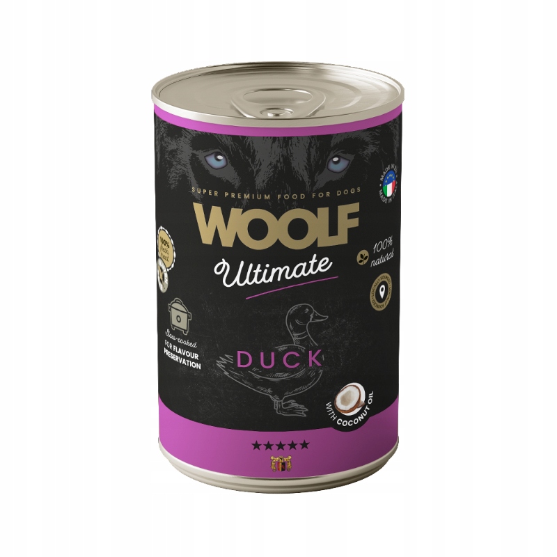 Levně Woolf Ultimate Plechovka Vlhké krmivo pro psy adult Kachna Kokosový olej 12x400g