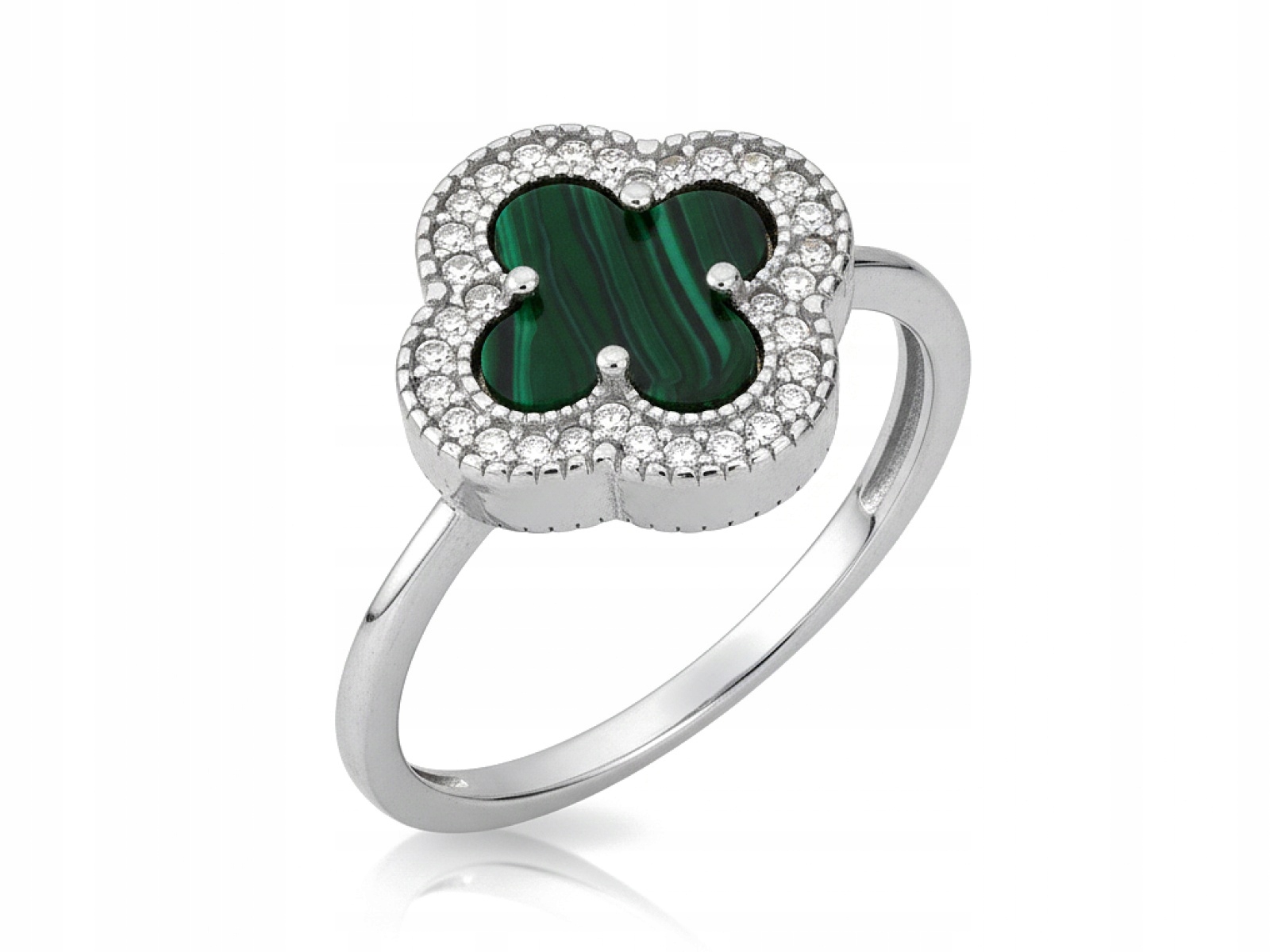 Dámský stříbrný prstýnek 925 Čtyřlístek s malachitem a zirkony r11