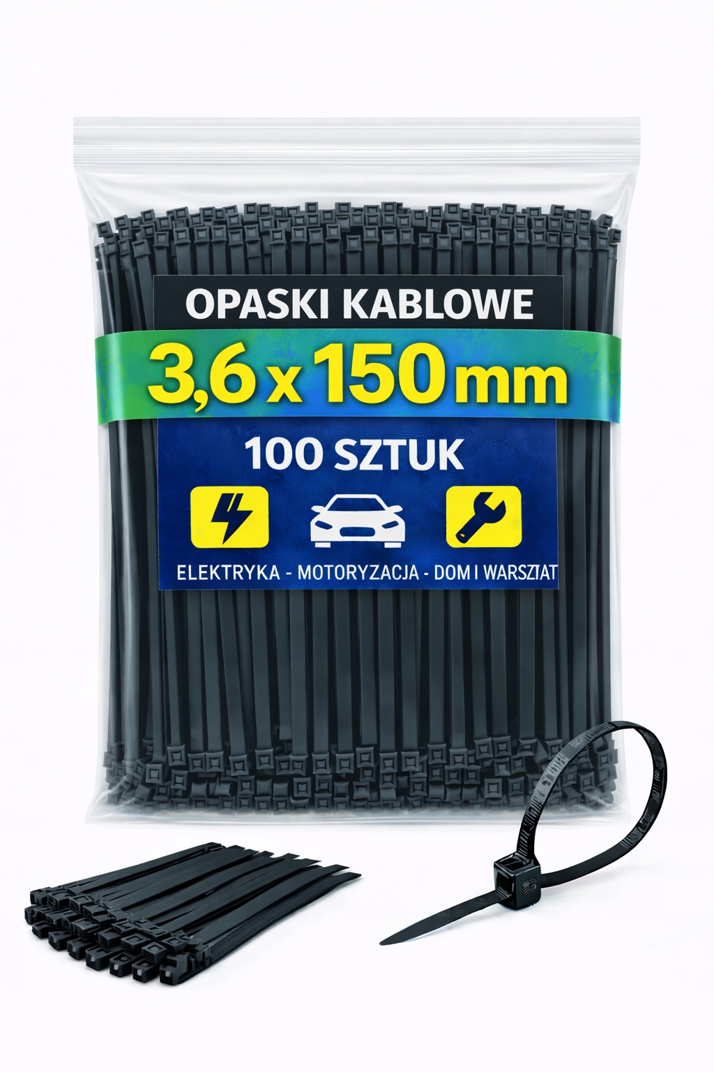 Czarne opaski zaciskowe 3,6×150 mm – mocne trytytki 100 szt.