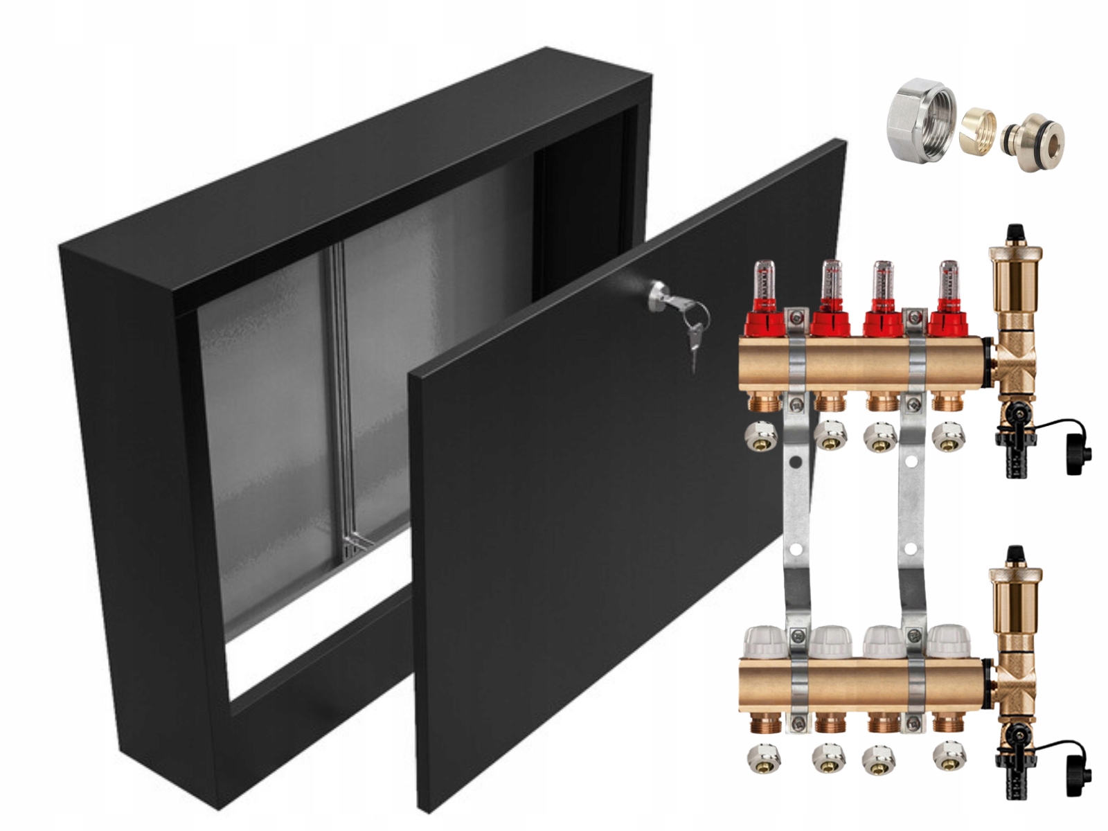 Mosazný Rozdělovač 4 Sekce Pex Spojky Nástěnná Skříňka Černá