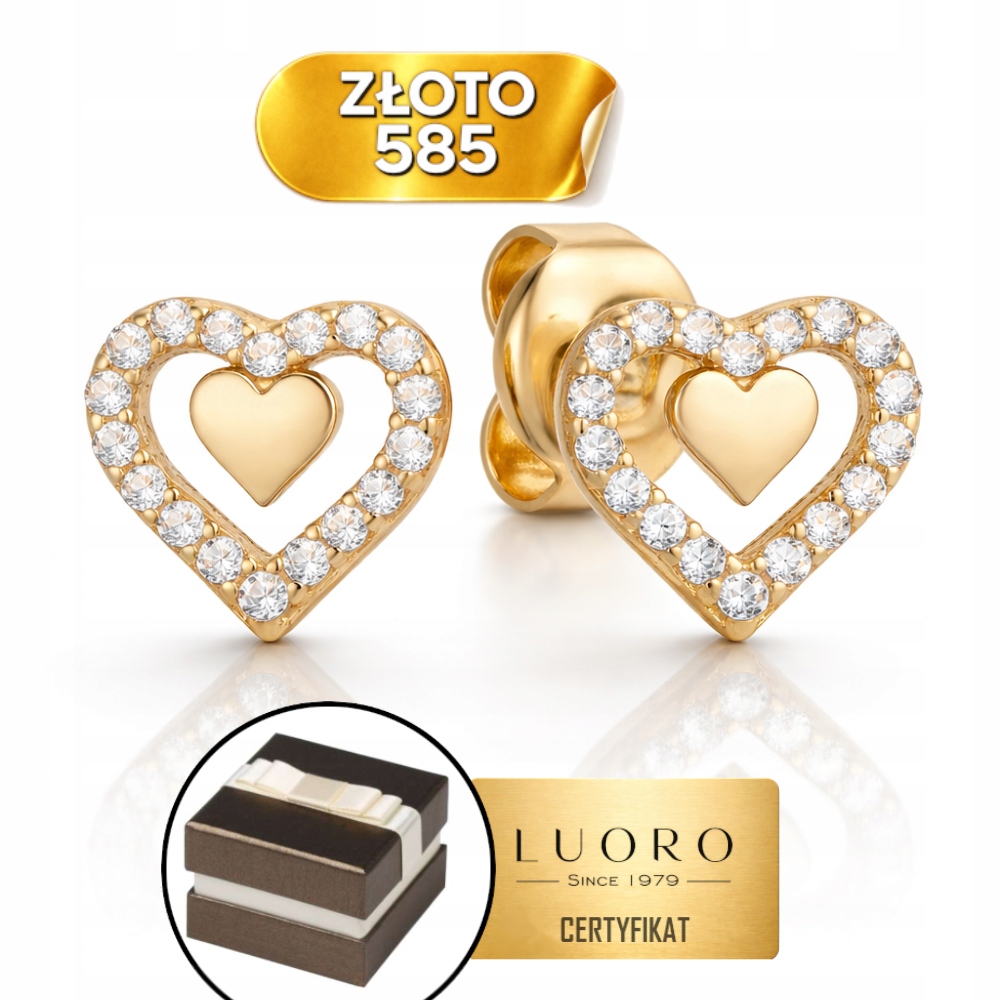 Náušnice Zlaté 585 14K Srdce Se Zirkonem Na Tyči 7,8 MM Elegantní